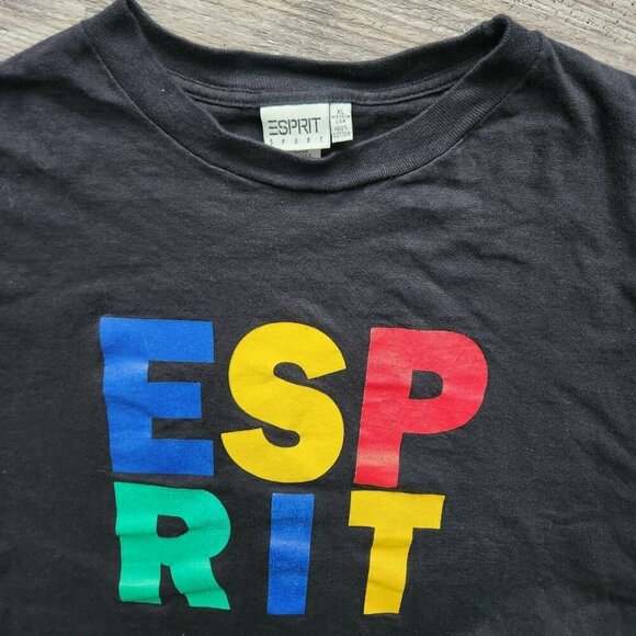Esprit  Vintage 90s Sport T Shirt Single Stitch XL Black Crew Spell Out Logo USA - Picture 8 of 14